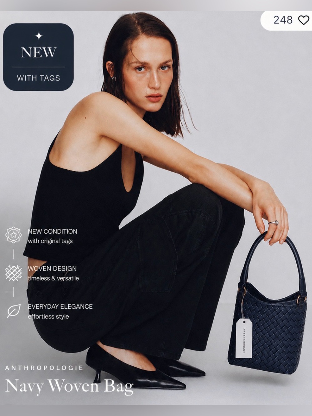 Anthropologie Navy Mini Woven Bag gold hardware